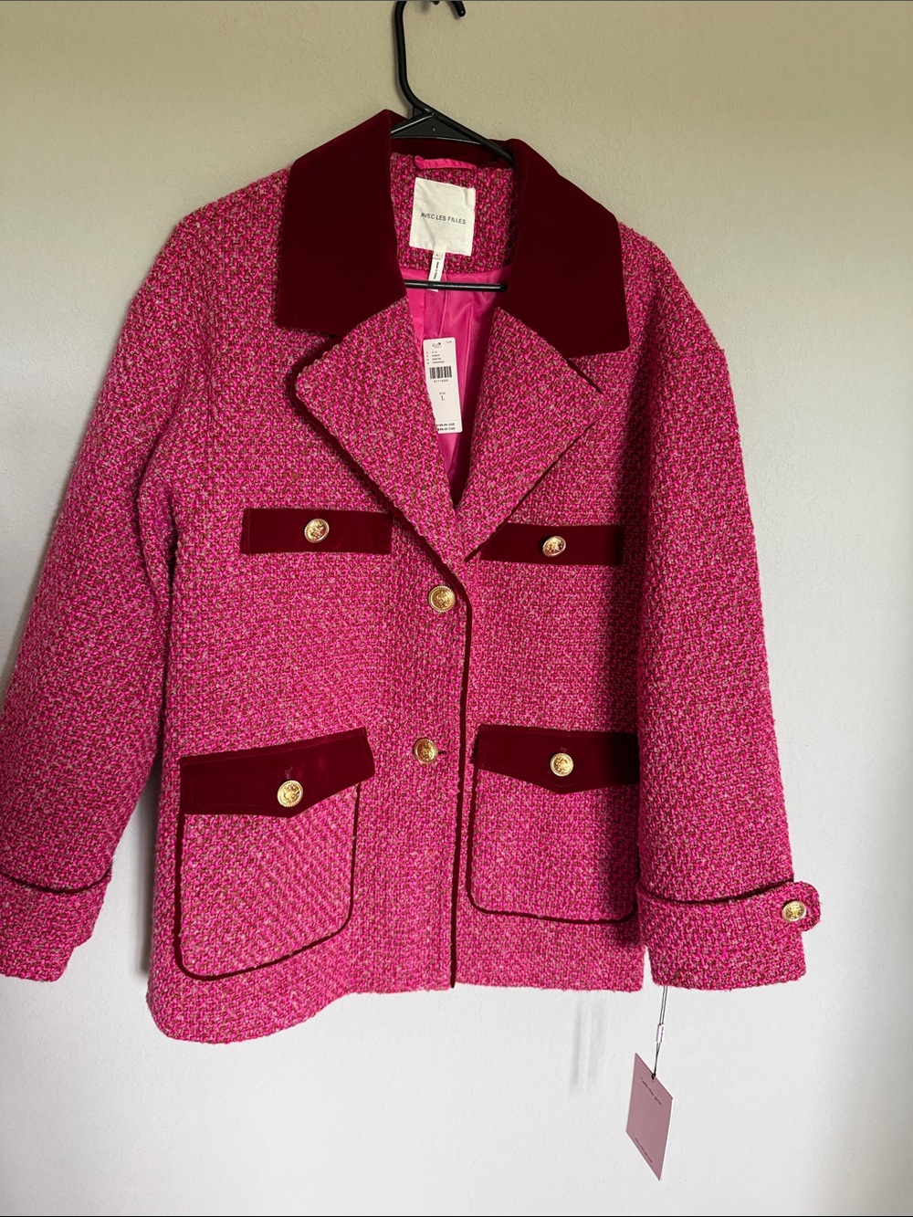 Avec Les Filles Hot Pink Tweed Blazer with Burgundy Velvet Trim